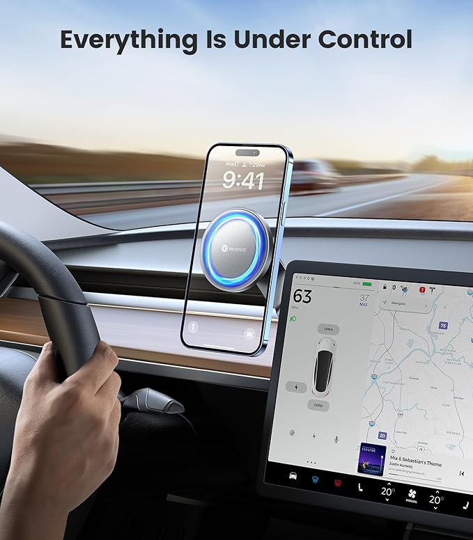 VICSEED Tesla Phone Mount【Strongest Magnet Power】 Foldable Hidden Tesla Phone Holder Fit for All Phones, Tesla Model 3/Y/Cybertruck Accessories, Tesla Model 3 Model Y for MagSafe Car Mount-Quicksilver