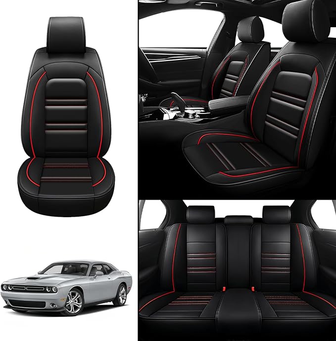 Seat Covers for Dodge Challenger 2008-2023 | 5-Seats Leather Seat Covers, Easy to Install Automotive Seat Covers Full Set (Full Set, Black&Red Line)