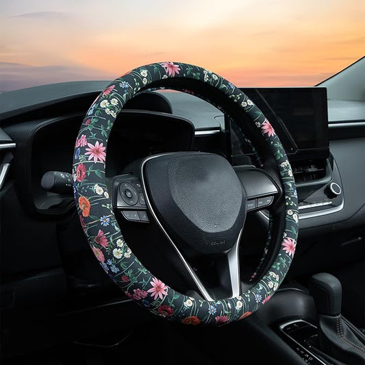 Wild Flowers Steering Wheel Cover Auto Steering Wheel Protector, Anti-Slip, Breathable, Absorbing Sweat, Universal Floral Car Accessories 14.5–15 inch,Fit for Most Car, Trucks, SUV