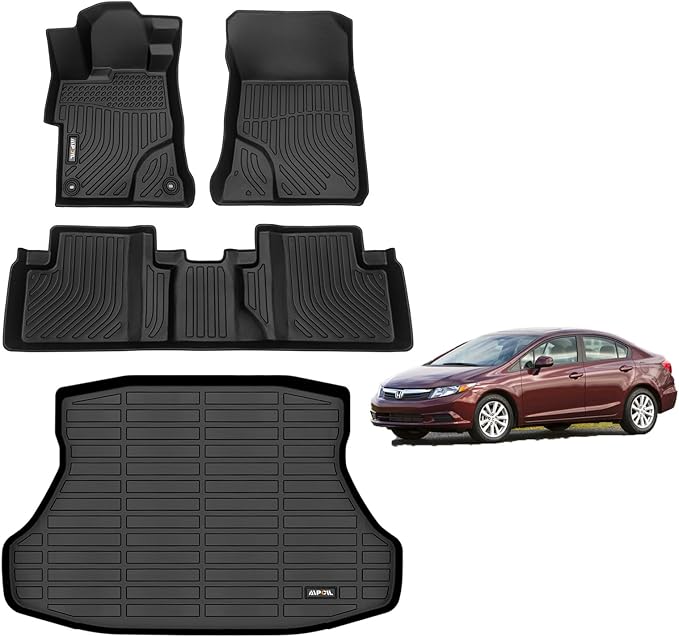 AIPOIL® Floor Mats & Cargo Liner Set for 2012-2015 Honda Civic & Civic Si Only Sedan (Not Coupe) | All-Weather | Easy to Clean | All-Round Protection, Black Accessories