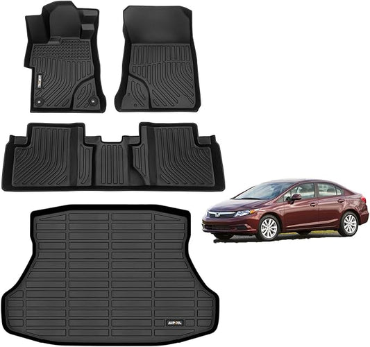 AIPOIL® Floor Mats & Cargo Liner Set for 2012-2015 Honda Civic & Civic Si Only Sedan (Not Coupe) | All-Weather | Easy to Clean | All-Round Protection, Black Accessories