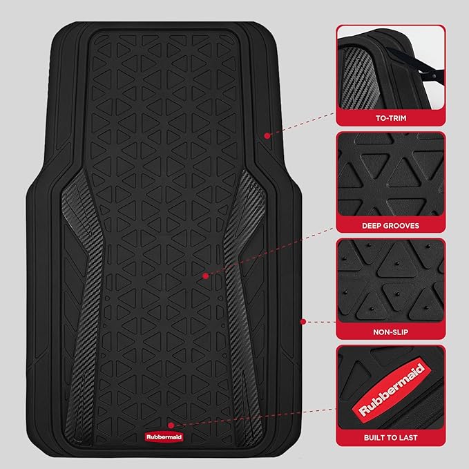Rubbermaid Car Floor Mats Full Set, Premium Heavy Duty All-Weather Car Mats– Rugged Rubber with Brushed Aluminum Inserts, Universal Trim-to-Fit, Anti-Slip Backing for Cars, SUVs, Trucks & Vans - Black