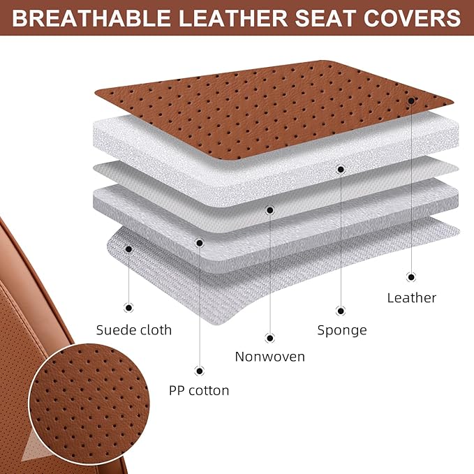 Auto Car Seat Covers Accessories Full Set Leather Cushion Protector Breathable Waterproof Seat Cover for Cars Universal Fit (Brown, Front Pair and Rear)