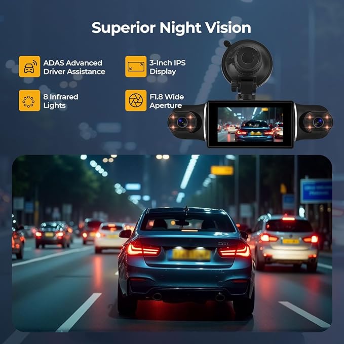 High Resolution 4 Channel Dash Camera,1080P 3.0in Display with Night Vision, G Sensor for Car DVR Functionality, WiFi and ADAS Mic