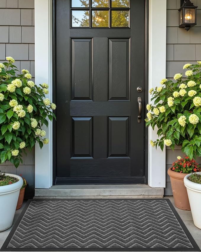 DEXI Front Door Mat Outside Entrance, Rubber Entry Doormat Heavy Duty, Welcome Mats Non Slip for Inside House Floor Entryway Back Doors Exterior Patio, 17x29, Chevron Dark Grey