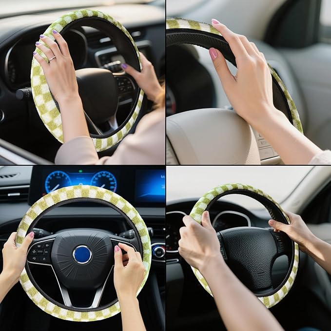 Green and White Checkered Fuzzy Steering Wheel Cover for Women, Universal Auto Steering Wheel 14-15 Inch Soft Warm Car Interior Accessories with 2PCS Car Coasters, Suitable for Men and Women