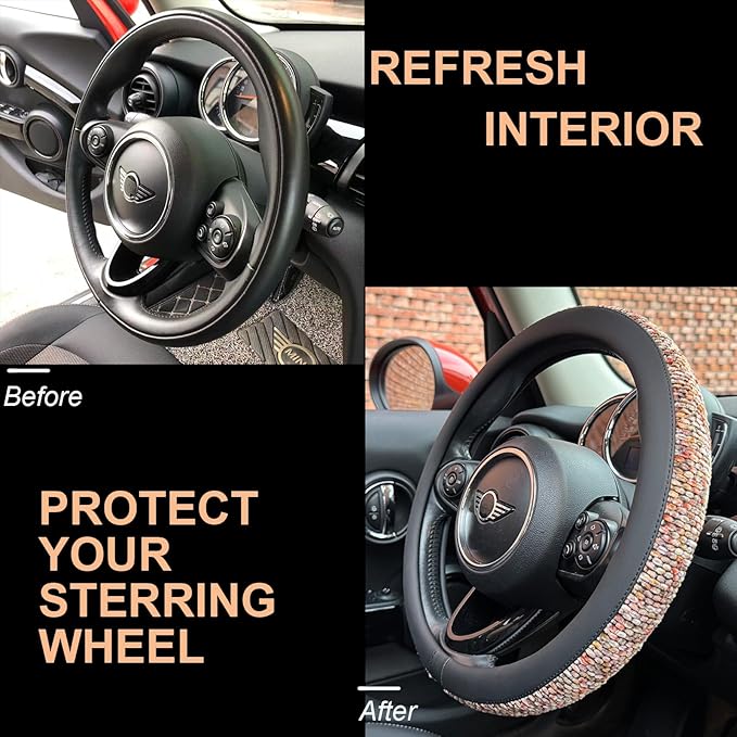 PINCTROT Chenille Leather Steering Wheel Cover, Soft Mottled Colors, Sweat-Proof, Non-Slip Grip, All-Season Comfort, Universal 14.5-15 Inch(Mottled Red)