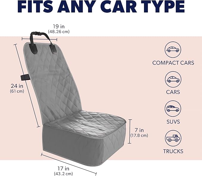 Active Pets Dog Car Seat Cover, Waterproof Front Seat Protector for SUV Truck Sedan, Pet Safety Travel Comfort System with Universal Fit, Grey