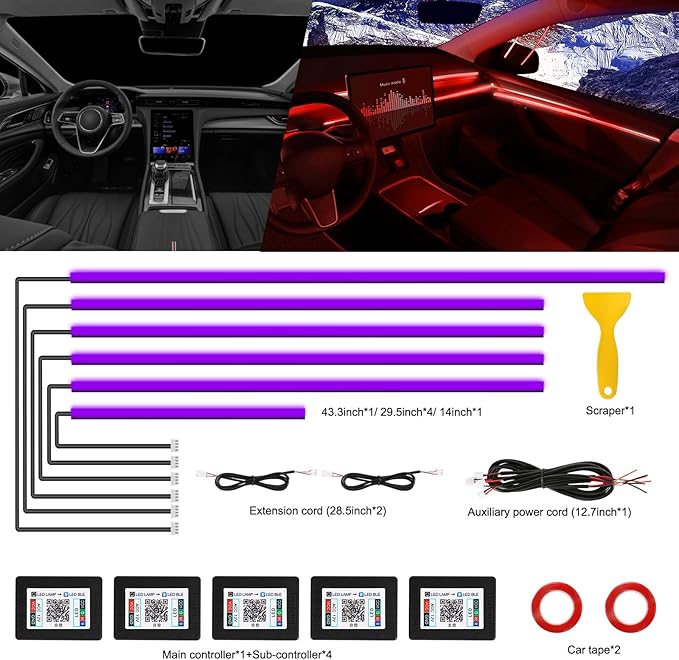 Acrylic Interior Car LED Strip Light with Wireless APP, Car Accessories 6 in 1 with 175 inches 593 LEDs Fiber Optic Ambient Lighting Kits, RGB Dynamic Music Sync Neon LED Strip Light for Car