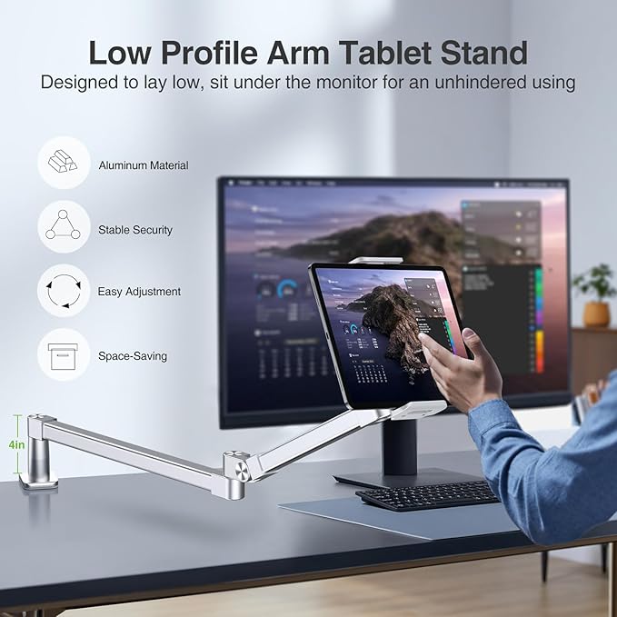 elitehood 28-inch Long Arm iPad Mount for Desk, Adjustable Tablet Desk Mount with Clamp, Sliver Aluminum Tablet Holder Compatible with iPad Pro 13/12.9/11, Air Mini, 4.7-13 inch Tablets & Cell Phones