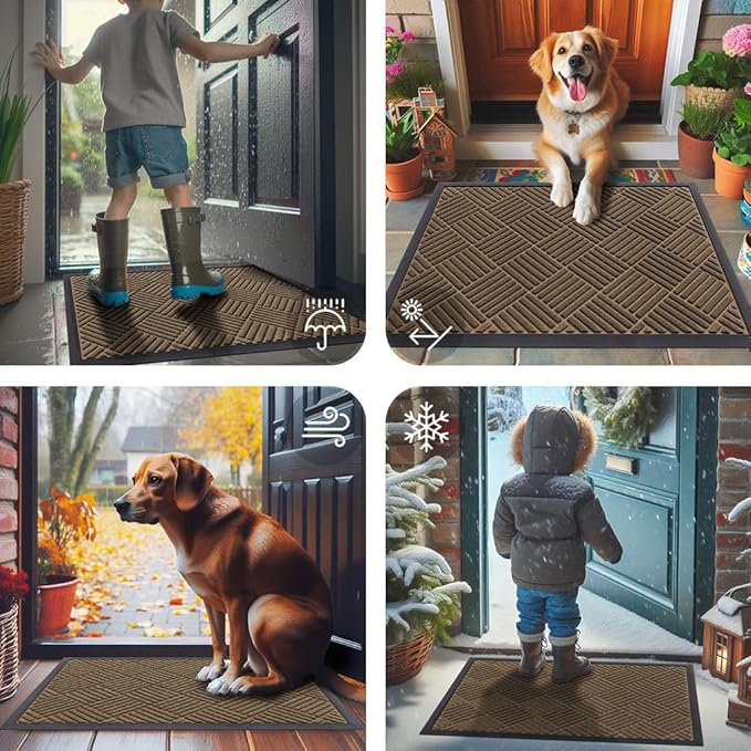 Smiry Front Door Mat Outside Entrance, Heavy Duty Outdoor Indoor Natural Rubber Doormat, Non Slip, Trap Dirt and Moisture, Easy Clean, Low Profile Patio Porch Entryway Mat, 59x23, Brown