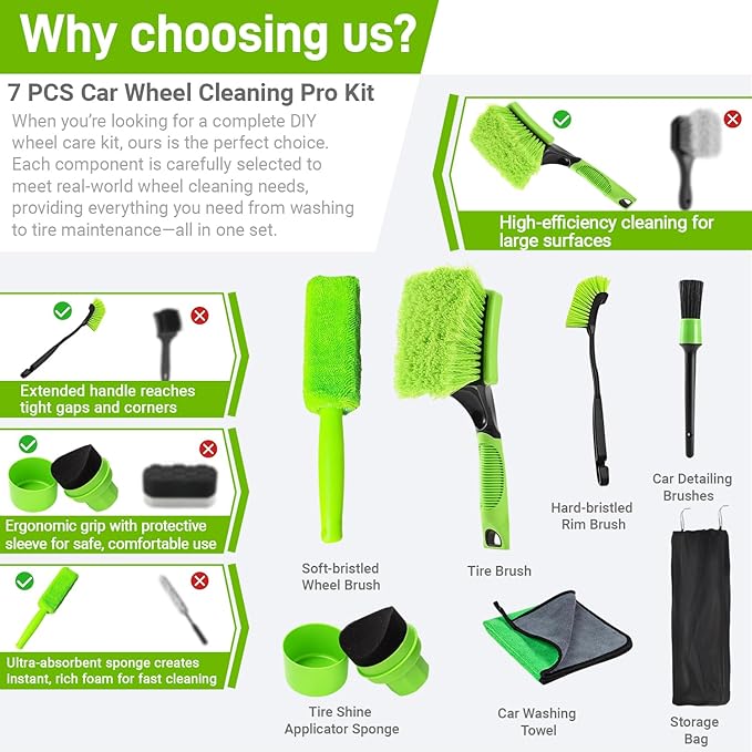 7PCS Car Wheel Brush Kit – XINDELL Rim & Tire Cleaning Brush Set, Scratch-Free Wheel Cleaning Kit for Cars, Rims & Tires – Auto Detailing Brush Set with Soft/Hard Bristles