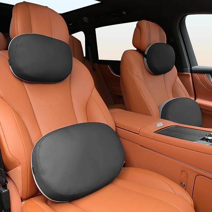 FLORICH Lumbar Support with Headrest Pillow Double-Sided Suede & Leather Car Neck Pillow and Back Cushion Kit Ergonomic Back Rest Pillow Neck Back Pain Relief for Car, Office Chair, Black