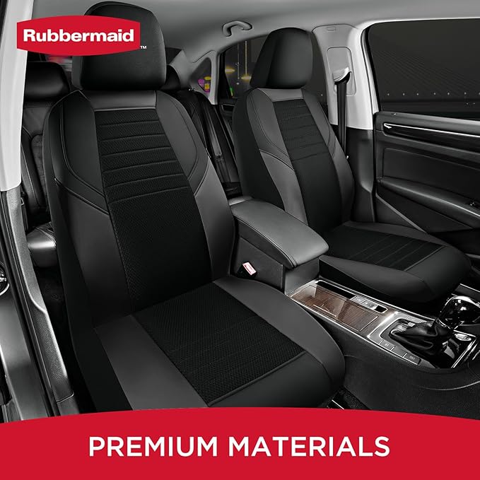 Rubbermaid Car Seat Cover, Leather & Air-Cool Mesh Front Seat Cover, Airbag Compatible, Slip-On Installation, Automotive Seat Cover Universal Fit for Most Cars, Trucks, SUVs-Black