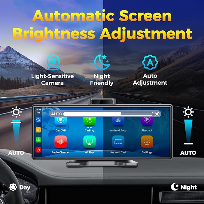 10.26" Wireless Apple CarPlay Android Auto Car Screen - Secure Strong Bracket, 4K Dash Cam, GPS Navigation, HD Touchscreen, AirPlay, Car Stereo, Fits All Vehicles