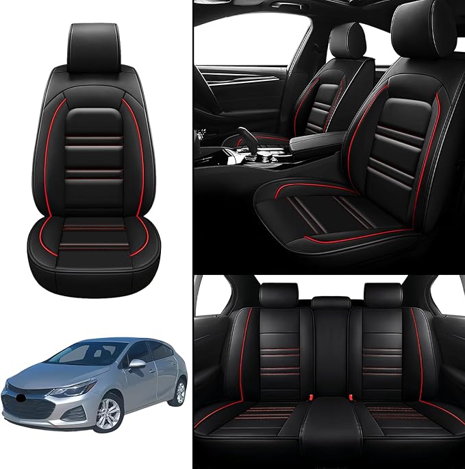 Seat Covers for Cruze 2011-2019 | 5-Seats Leather Seat Covers, Easy to Install Automotive Seat Covers Full Set (Full Set, Black&Red Line)