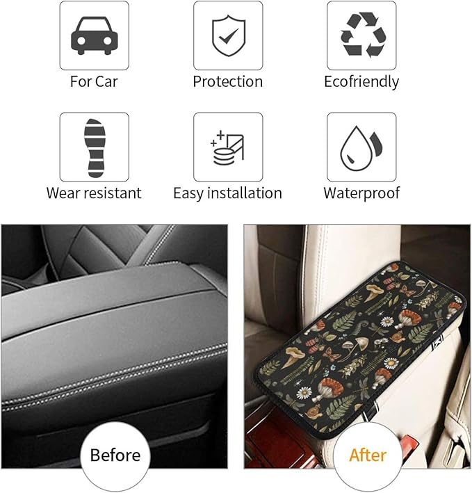 Vintage Magic Witch Mushroom Fern Witchcraft Auto Center Console Armrest Pad Universal Car Center Console Cover Seat Box Cover for Sedan, Van, SUV, Truck Car Accessorie