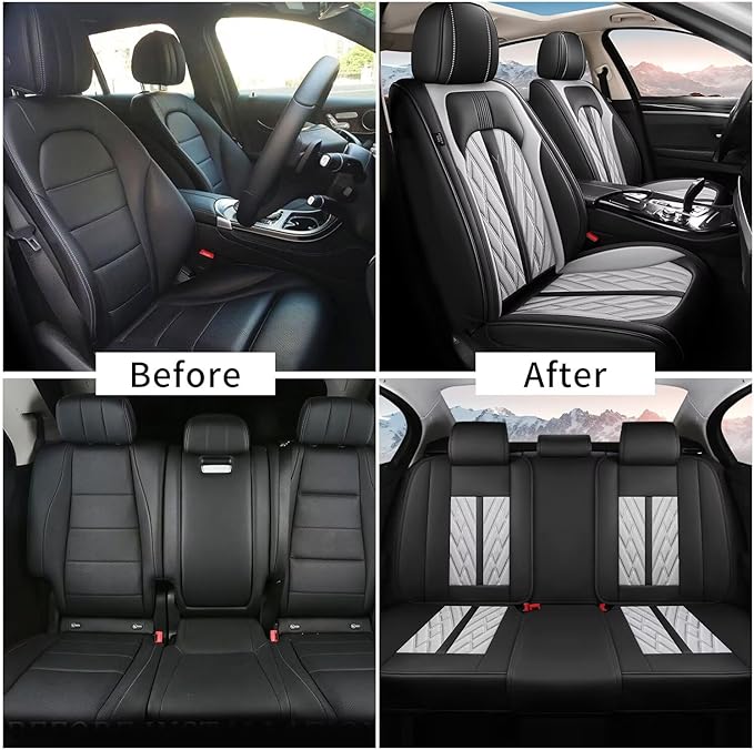 TTX LIGHTING Seat Covers Full Set 5 Seats Faux Leather Waterproof Car Seat Covers Breathable with Anti-Slip Universal Fit for Most Cars SUV Trucks (5 Seats, Black&Grey)