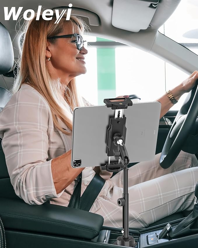 Aluminum Cup Holder Car Tablet Mount - [16" Height Adjustable] [Thick Case Friendly] Heavy Duty Truck Tablet Holder for Car Mount Accessories, for iPad Pro Air Mini, iPhone, Galaxy Tab, 6-15.6 Devices