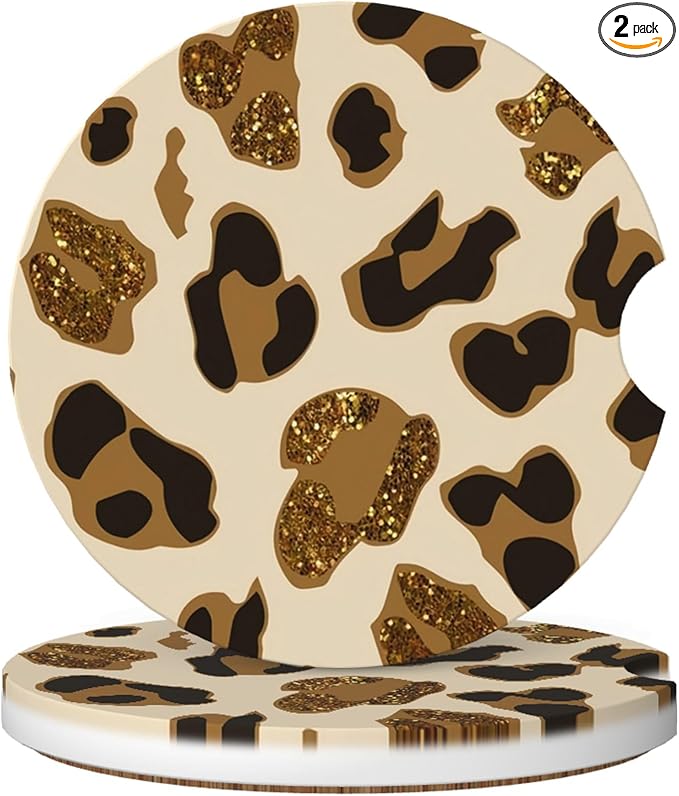 Absorbent Car Coasters for Cup Holders, 2 Pack Universal Anti Slip Ceramic Cup Coaster for Women Men 2.56 Inch Car Interior Accessories - Brown Gold Leopard 006