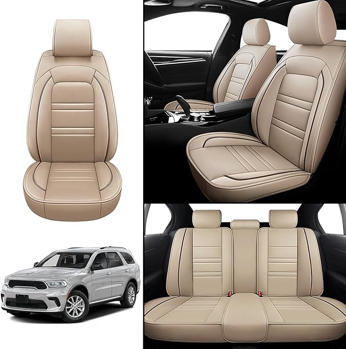 Seat Covers for Dodge Durango 2004-2025 | 5-Seats Leather Seat Covers, Easy to Install Automotive Seat Covers Full Set (Full Set, Beige)