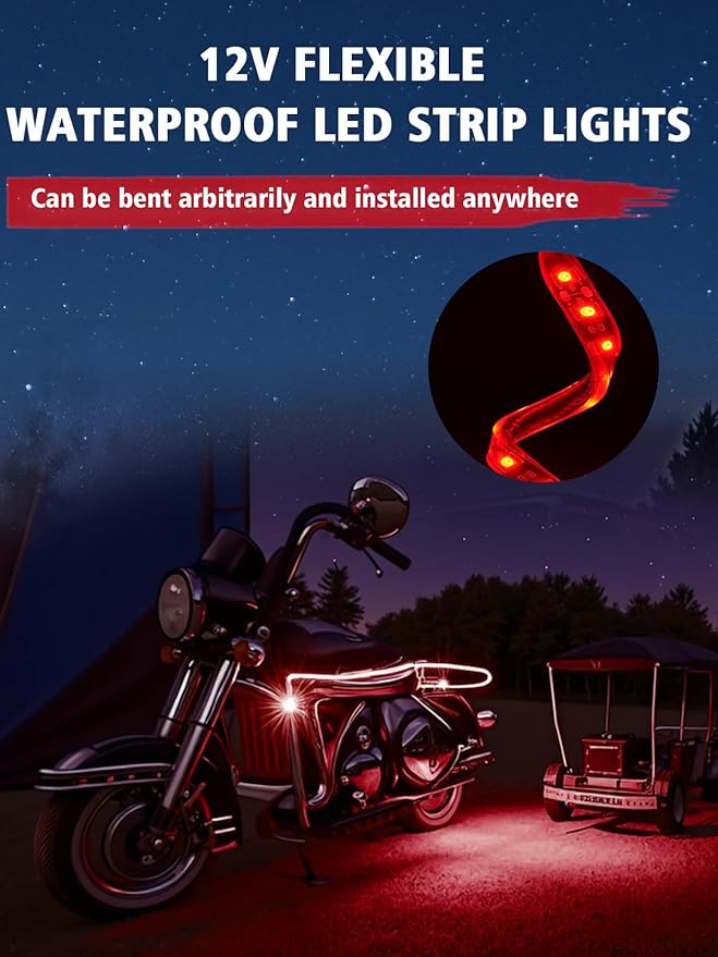 YM E-Bright 4Pcs Led Strip Lights for Car, 12inch Waterproof IP68 Car Underglow Strip Lights Decoration 18SMD 12V Led Interior Exterior Lights Strip for Cars Motorcycles Truck Golf Cart Boat - Red