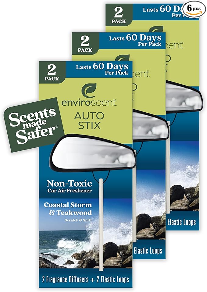 Enviroscent Non-Toxic Car Air Freshener (Coastal Storm & Teakwood) Natural Car Air Freshener | Essential Oil Diffuser | Car Scent Lasting Over 180 Days | 3 Packs of 2 Hanging Auto Stix