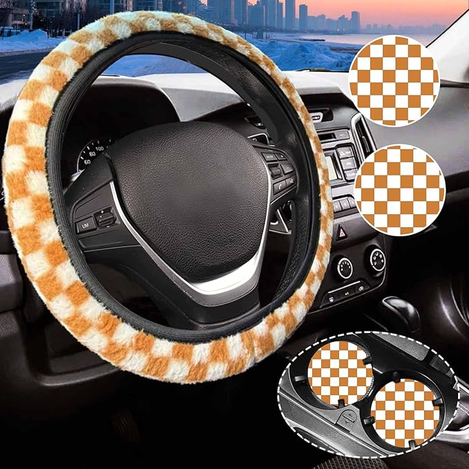 Yellow and White Checkered Fuzzy Steering Wheel Cover for Women, Universal Auto Steering Wheel 14-15 Inch Soft Warm Car Interior Accessories with 2PCS Car Coasters, Suitable for Men and Women