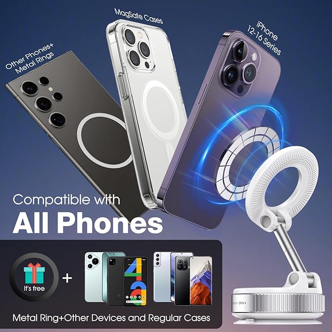 360° Rotatable Vacuum Magnetic Phone Holder, Foldable and Retractable Suction Cup Car Phone Mount for Car/Gym/Mirror/Smooth Surface, Compatible with iPhone Android and All Smartphones (White)