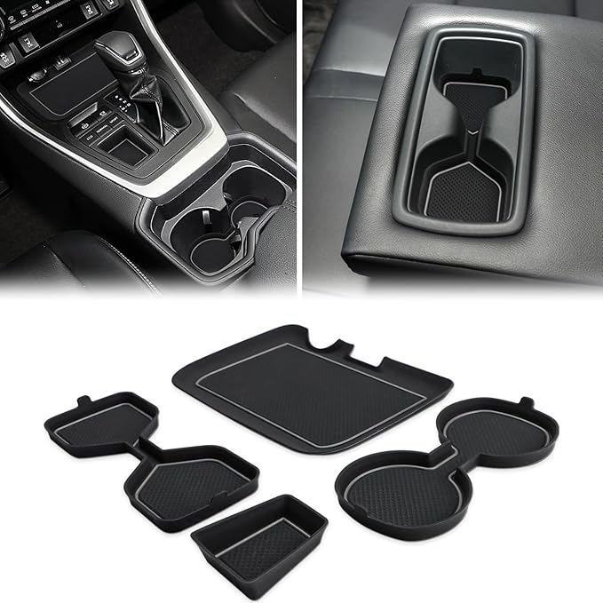 Auovo 3D Cup Holder Insert Liners Compatible with Toyota RAV4 Accessories 2025 2024 2023 2022 2021 2020 2019 Car Custom Cup Holder Mats Pads 4-pc Set (Gray Trim)