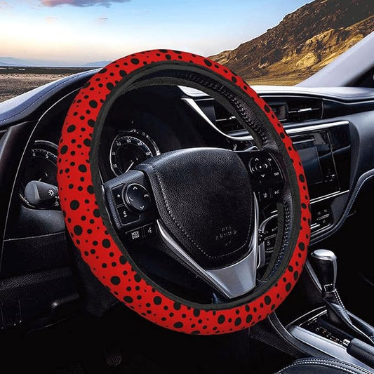 Dujiea Polka Dot Ladybug Elastic Stretch Steering Wheel Cover, Anti-Slip and Durable Car Steering Wheel Accessories for Women Men, 15 Inch Universal Fit Car, Truck, SUV