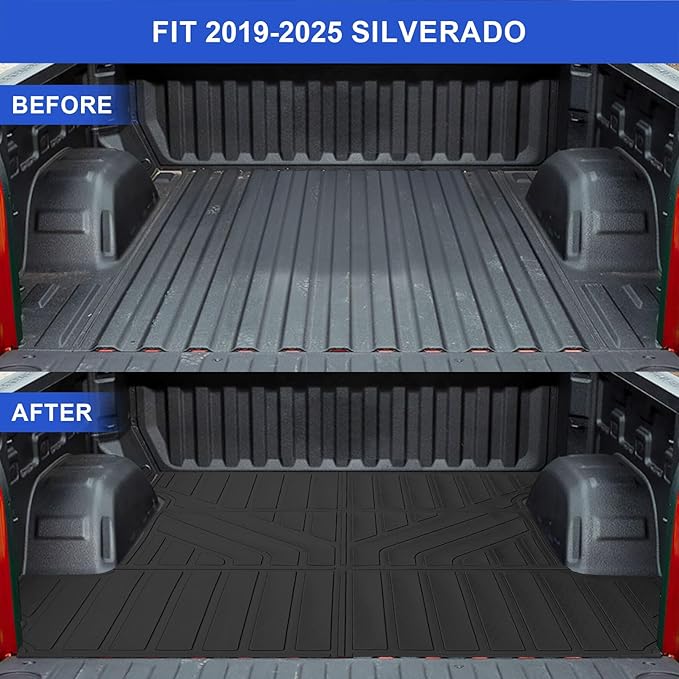 Truck Bed Mats Compatible with 2019-2024 2025 Chevy Silverado 1500 & GMC Sierra 1500 Crew Cab 5.8Ft Short Bed, TPE All-Weather Truck Bed Liner
