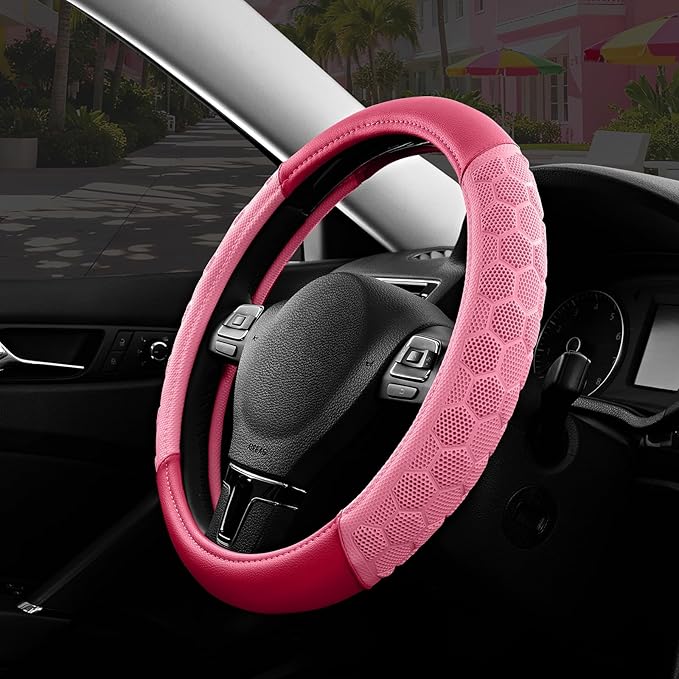 PIC AUTO Massage Steering Wheel Cover, Pink Football Pattern Material Spliced & Hotpink Leather Car Steering Wheel Cover, Car Steering Cover, Universal Fit 14.5"-15.5" for Cars, Trucks, Van, SUVs