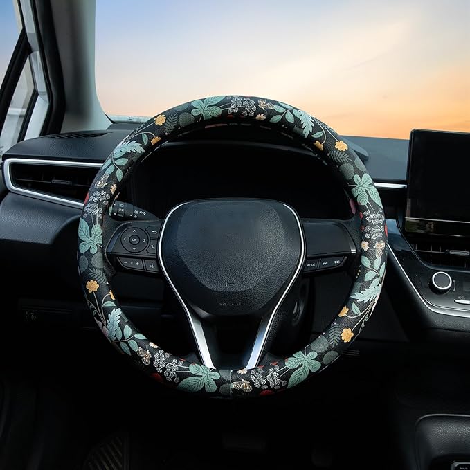 Flowers and Strawberries Steering Wheel Cover Auto Leather Steering Wheel Protector, Anti-Slip, Breathable, Absorbing Sweat, Universal Car Accessories 14.5–15 inch,Fit for Most Car, Trucks, SUV