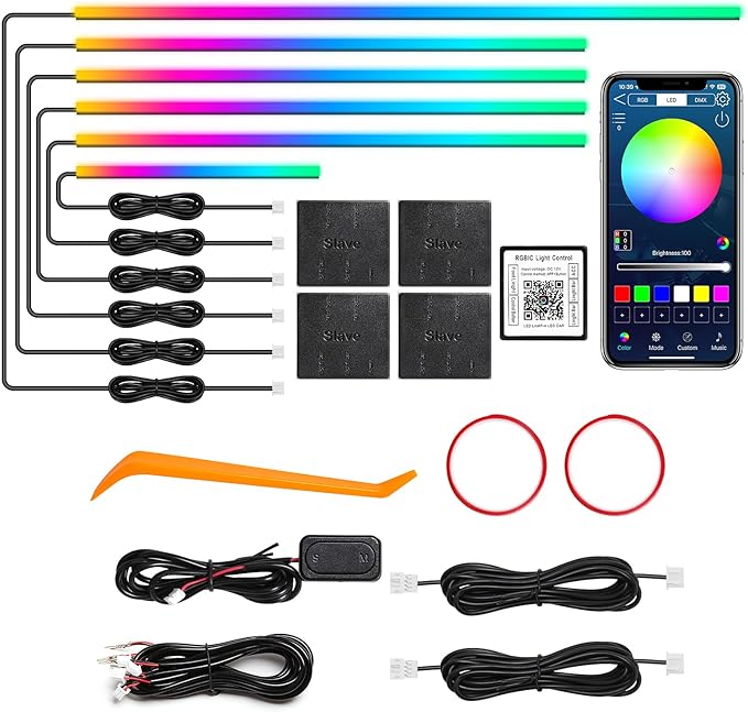 Dreamcolor Acrylic Interior Car LED Strip Light with Wireless APP, RGB 6 in 1 with 175 inches 612 LEDs Fiber Optic Car Ambient Lighting Kits, Dynamic Chasing Music Sync Neon LED Strip Lights for Car