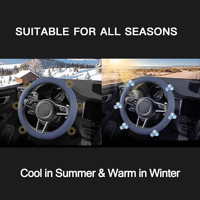 Suede Steering Wheel Cover with Upgraded Silicone Inner Ring, Anti Heat, Breathable, Anti-Slip, Leather Universal 14.5 to 15 inch Steering Wheel Cover (Pure Blue)