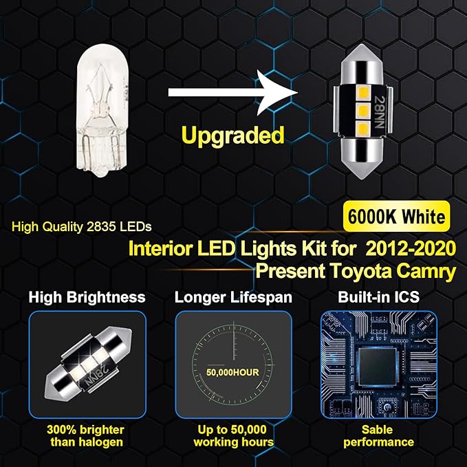 EASY EAGLE LED Interior Car Lights for Toyota-Camry-2012-2020: 13 Piece Kit White LED Light Bulbs - Super Bright 6000K + Install Tool