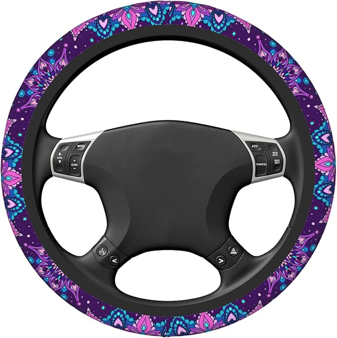 Purple Galaxy Flower Steering Wheel Cover for Women Girls Abstract Mandala Floral Universal 15 Inch Auto Neoprene Case Anti-Slip Car Wheel Protector