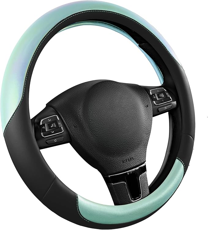 Road Comforts Steering Wheel Cover – Breathable Leather Steering Wheel Cover, Anti-Slip Grip, Universal Fit 14.5” to 15”, Heat & Cold Resistant for Cars, SUVs, and Trucks – Black & Shining Light Blue