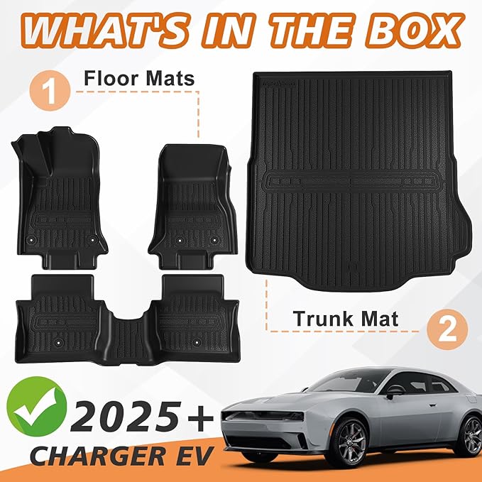 TripleAliners All-Weather Mats Compatible with 2025 2024 Dodge Charger EV Accessories Floor Liners Trunk Cover Custom Fit TPE Heavy-Duty Liners (Floor & Trunk Mats)