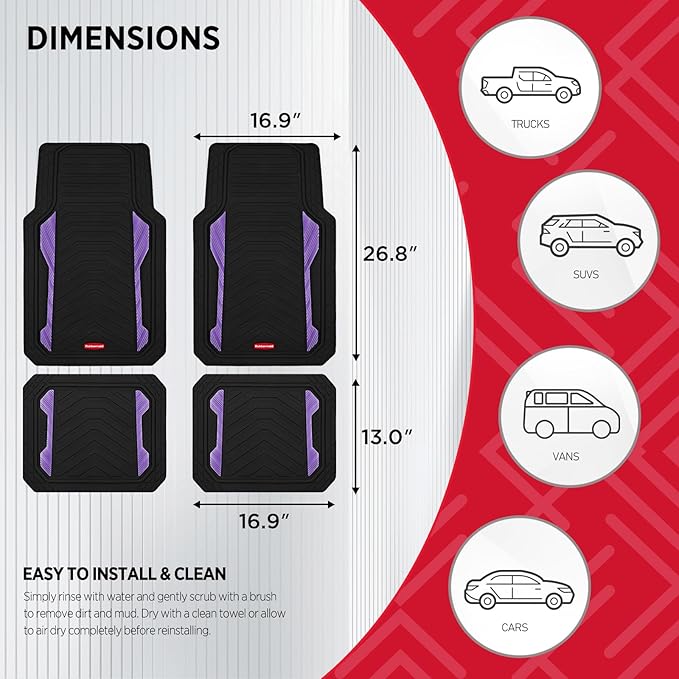 Rubbermaid Car Floor Mat, Heavy Duty All-Weather Car Mats Full Set with Dual-Tone Purple Aluminum Inserts – Universal Fit, Anti-Slip Backing, Trim-to-Fit for Most SUV, Sedan, Van