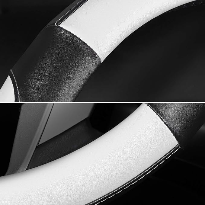 SEG Direct Car Steering Wheel Cover Small Size for Prius Civic Model 3 Model Y Camaro Rogue with 14-14 1/4 inches Outer Diameter, Black and White Mirofiber Leather
