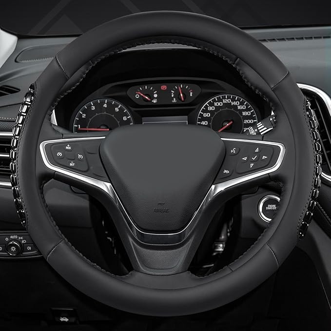 West Llama Nappa Leather Car Steering Wheel Cover Gel Massage,Cool in Summer,Universal 15 inch(Black-Standard Size)