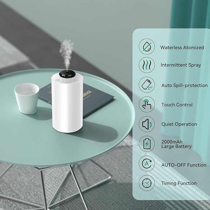 Waterless Essential Oil Diffuser Aromatherapy Scent Diffusers for Home Large Room, Bedroom, Car, Office, Desk, Battery Operated Mini Portable Air Freshener,4 Timers & 3 Mist Levels (White)