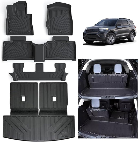 Floor Mats & Large Trunk Mat for 2020-2023 2024 2025 Ford Explorer (7 Seats),TPE All Weather Protection Car Floor Liners with Cargo Liner Covering The backrest Accessories