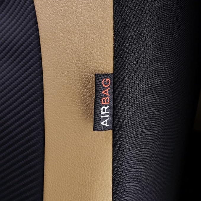 Flying Banner car seat Covers Protects Water Proof Faux Leather Carbon Fiber Front and Rear Bench (Black Beige, Full Set - 8PCS)