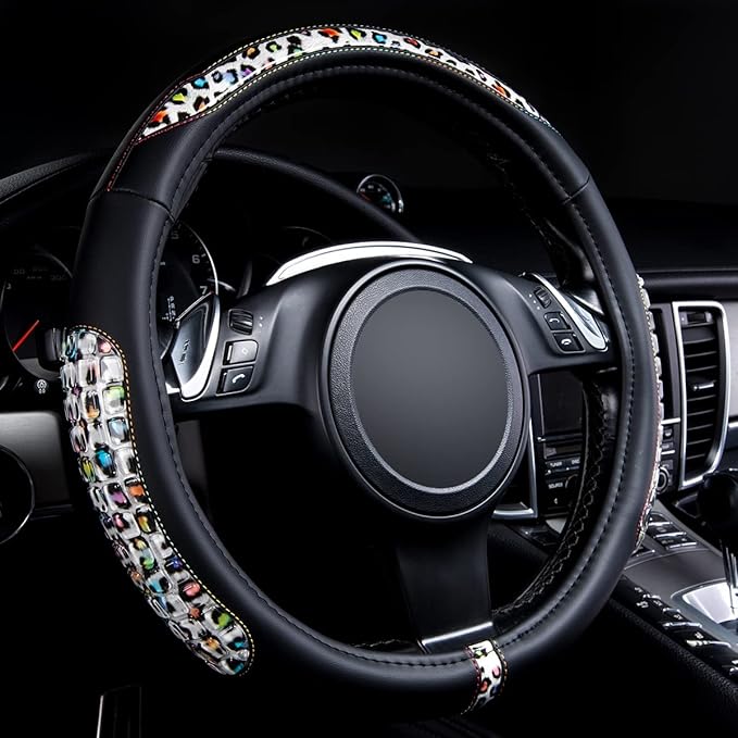 Flying Banner car Steering Wheel Cover Gel Massage Velvet Cool Warm Universal Size 15 inches SUV Truck Anti Slip Odorless Summer Winter (Black Leopard, Gel Massage)