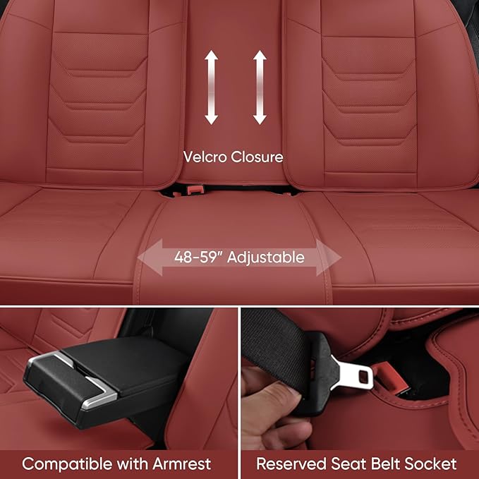 Wine Red Car Seat Covers Full Set, Breathable Leather Automotive Front and Rear Seat Covers & Headrest for Comfortable Driving, Universal Auto Interior Fit for Most Kinds of Vehicles, Cars