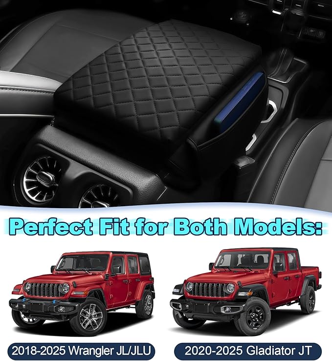 Armrest Cover for Jeep Wrangler Center Console Pad with Organizer Storage Pockets, Black Faux Leather Arm Rest Lid Protector Cushion Interior Accessories (2018-2025 Wrangler JL & Gladiator JT)