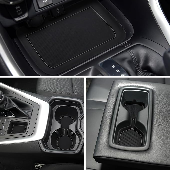 Auovo 3D Cup Holder Insert Liners Compatible with Toyota RAV4 Accessories 2025 2024 2023 2022 2021 2020 2019 Car Custom Cup Holder Mats Pads 4-pc Set (Black Trim)